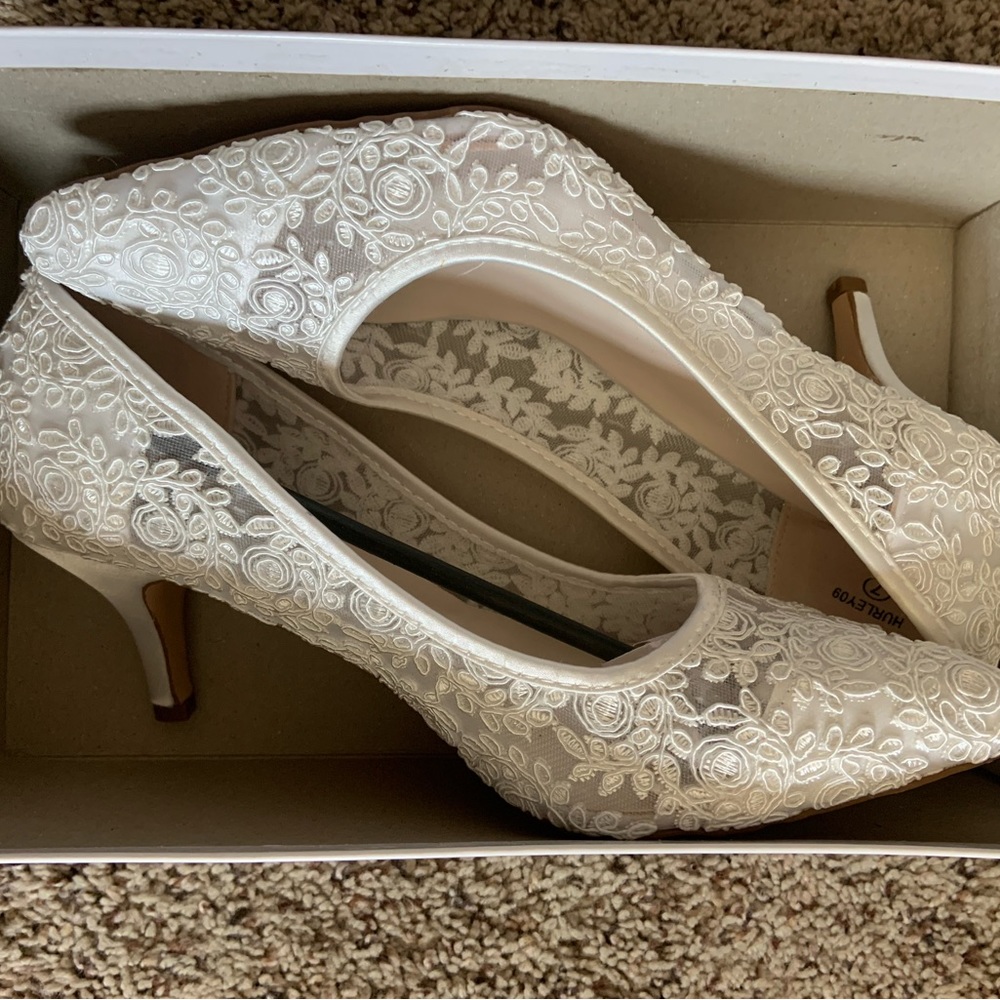 David’s Bridal White Lace Heels